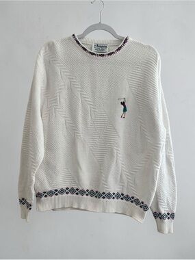 Vintage Amana Woolen Mill Golf Embroidered Sweater Made Textured Knit, Men’s Med